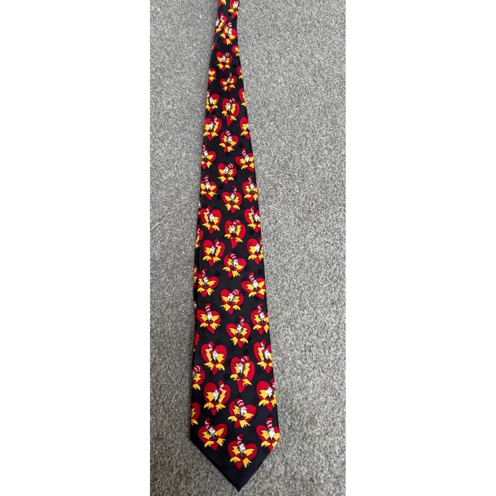 Vintage 1996 Dr Seuss Cat in the Hat Silk Tie Mens Black Red Hearts Esprit